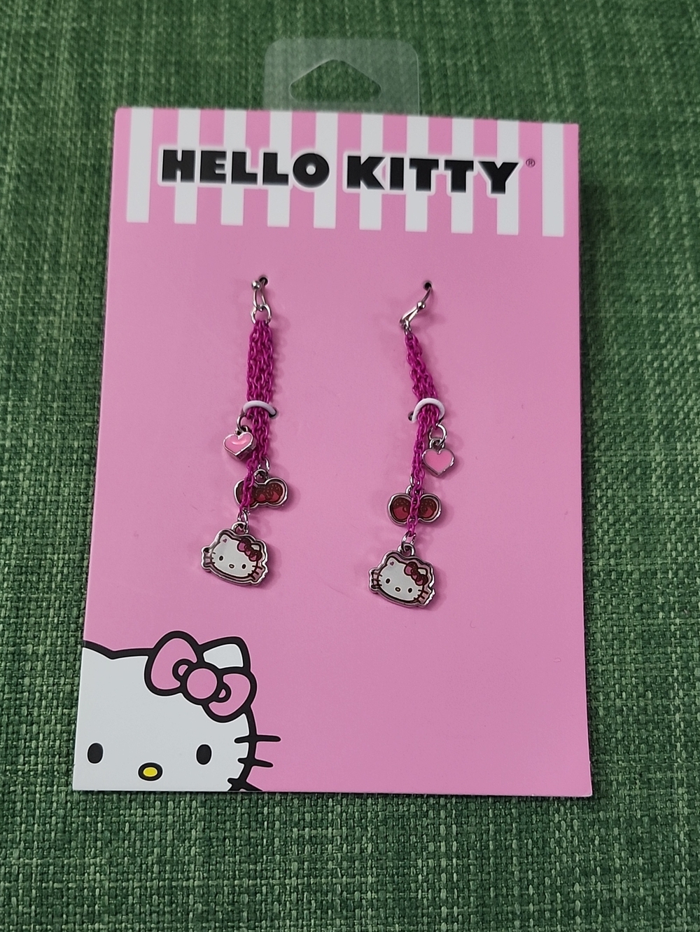 Hello Kitty Hot Pink Dangle Chain Earrings with Heart Charms